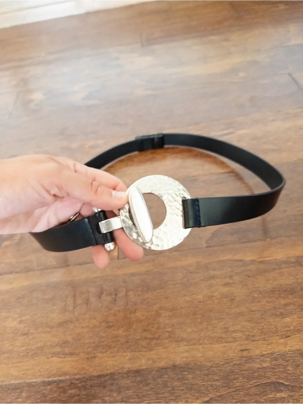 Black Adjustable Leather Belt Hammered Silver Statement Buckle Boho Modern